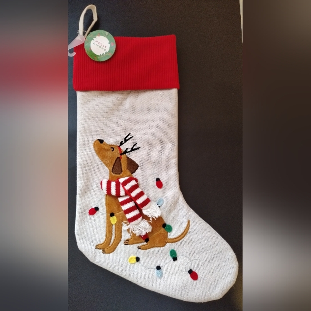 Christmas Stocking by Holly & Moss Brown Puppy Dog Scarf Holiday Lights NEW